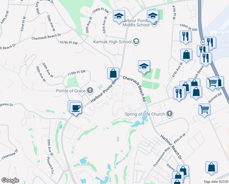 map of restaurants, bars, coffee shops, grocery stores, and more near 5306 Harbour Pointe Boulevard in Mukilteo