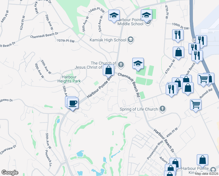 map of restaurants, bars, coffee shops, grocery stores, and more near 5300 Harbour Pointe Boulevard in Mukilteo