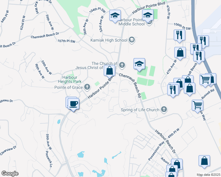 map of restaurants, bars, coffee shops, grocery stores, and more near 5300 Harbour Pointe Boulevard in Mukilteo
