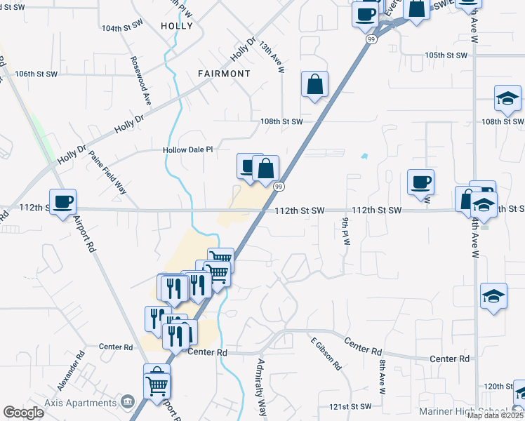 map of restaurants, bars, coffee shops, grocery stores, and more near Hwy 99 & 112th St SW in Everett