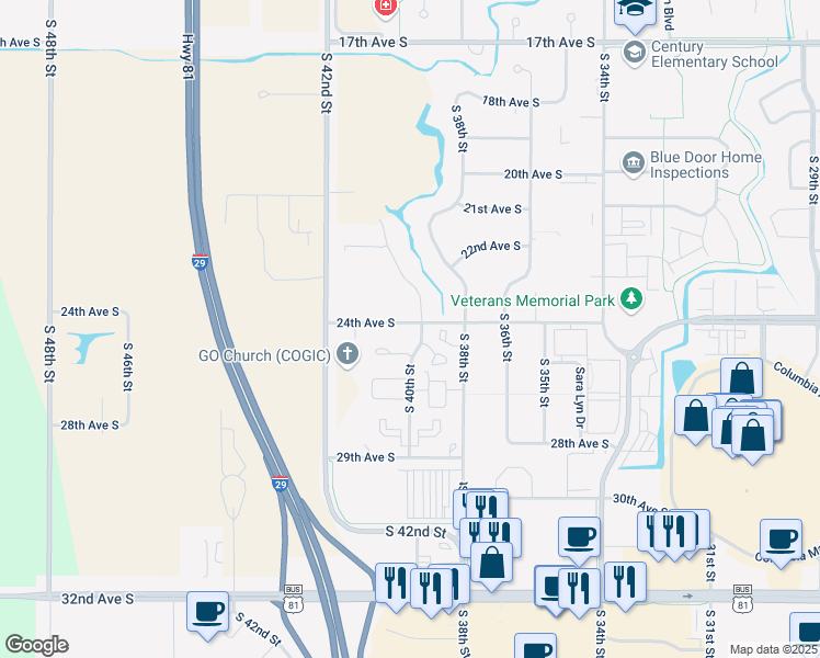 map of restaurants, bars, coffee shops, grocery stores, and more near 2404 South 40th Street in Grand Forks