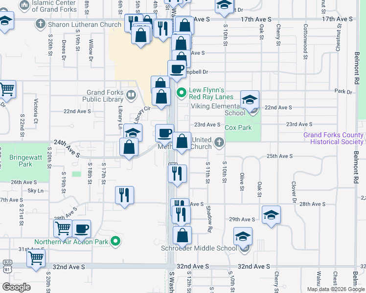 map of restaurants, bars, coffee shops, grocery stores, and more near 2401 South Washington Street in Grand Forks