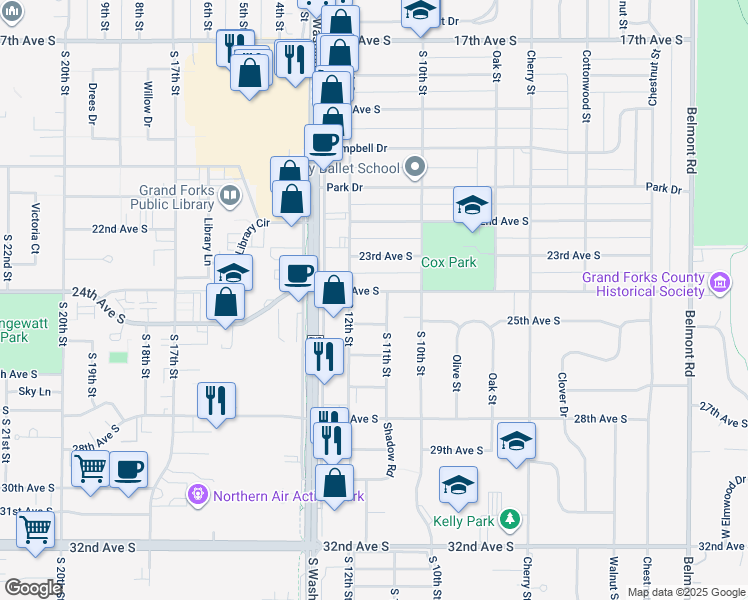 map of restaurants, bars, coffee shops, grocery stores, and more near 1107 24th Avenue South in Grand Forks
