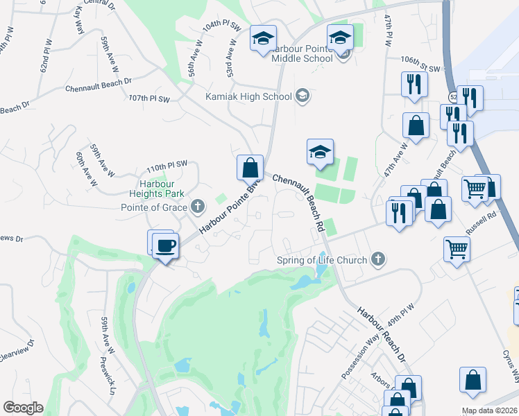 map of restaurants, bars, coffee shops, grocery stores, and more near 5300 Harbour Pointe Boulevard in Mukilteo