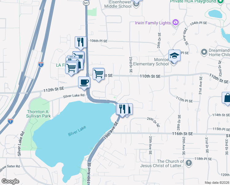 map of restaurants, bars, coffee shops, grocery stores, and more near 11217 Bothell Way Southeast in Everett
