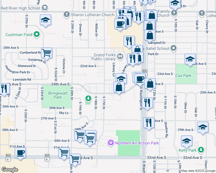 map of restaurants, bars, coffee shops, grocery stores, and more near 1630 24th Avenue South in Grand Forks