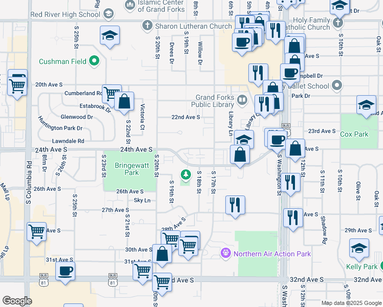 map of restaurants, bars, coffee shops, grocery stores, and more near 1811 Continental Drive in Grand Forks