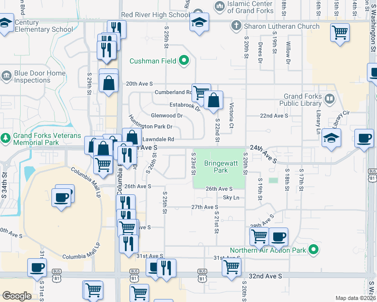map of restaurants, bars, coffee shops, grocery stores, and more near 81 Parkview Parkview Courtyard in Grand Forks