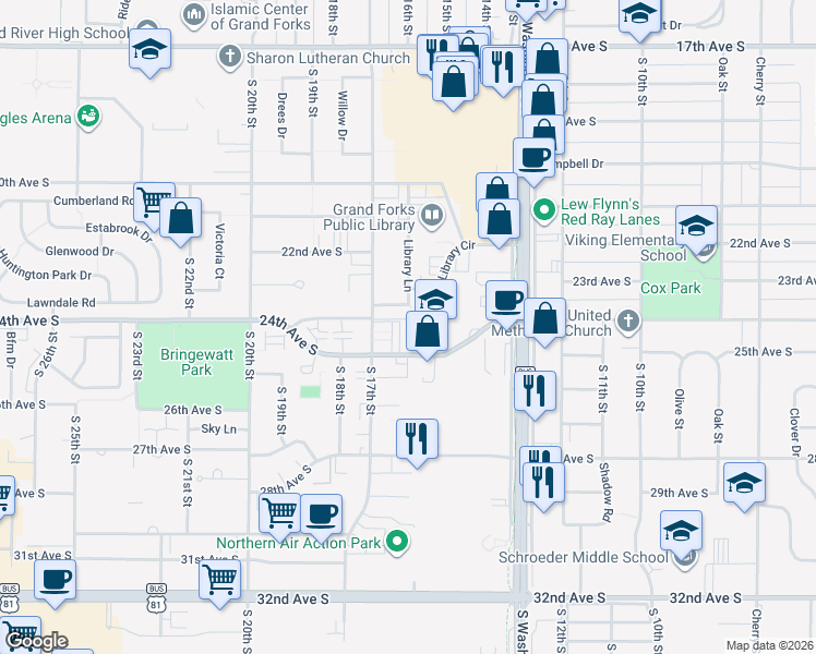 map of restaurants, bars, coffee shops, grocery stores, and more near 1630 24th Avenue South in Grand Forks