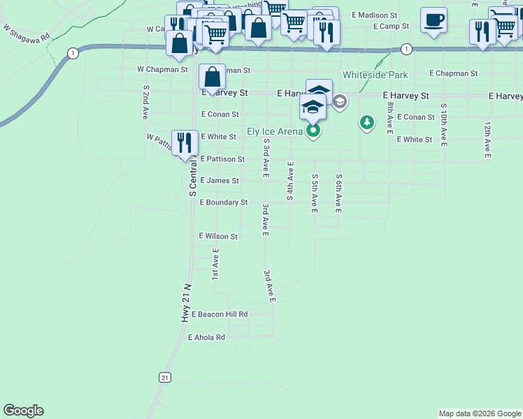 map of restaurants, bars, coffee shops, grocery stores, and more near 240 E Boundary St in Ely
