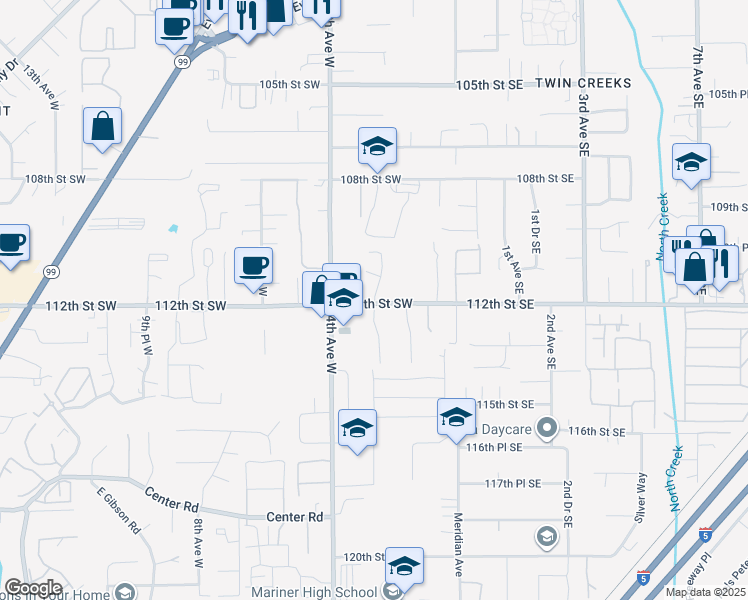 map of restaurants, bars, coffee shops, grocery stores, and more near 132 112th Street Southwest in Everett