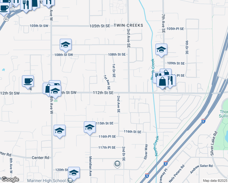 map of restaurants, bars, coffee shops, grocery stores, and more near 119 112th Street Southeast in Everett