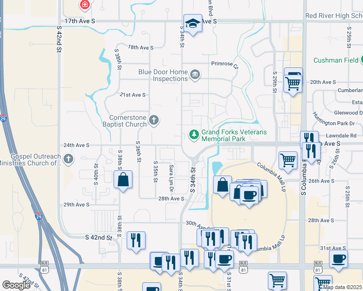 map of restaurants, bars, coffee shops, grocery stores, and more near 3401 24th Avenue South in Grand Forks