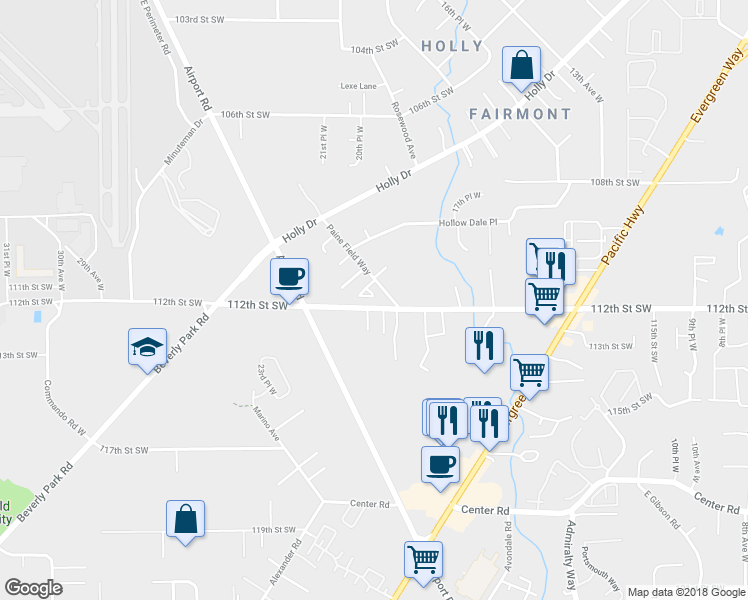 map of restaurants, bars, coffee shops, grocery stores, and more near 11134 Paine Field Way in Everett