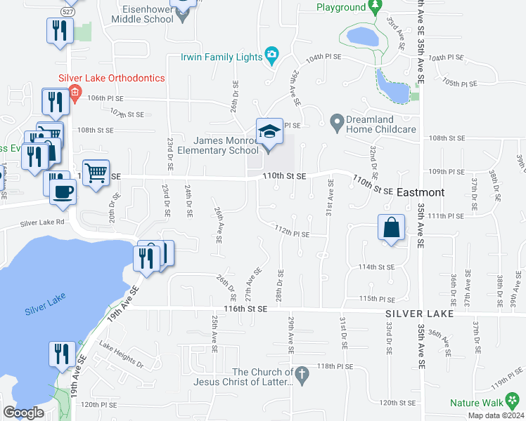 map of restaurants, bars, coffee shops, grocery stores, and more near 2803 112th Place Southeast in Everett