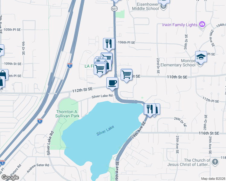 map of restaurants, bars, coffee shops, grocery stores, and more near 11210 19th Avenue Southeast in Everett