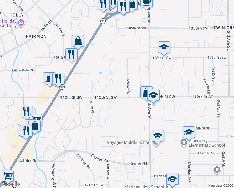 map of restaurants, bars, coffee shops, grocery stores, and more near 11121 7th Place West in Everett