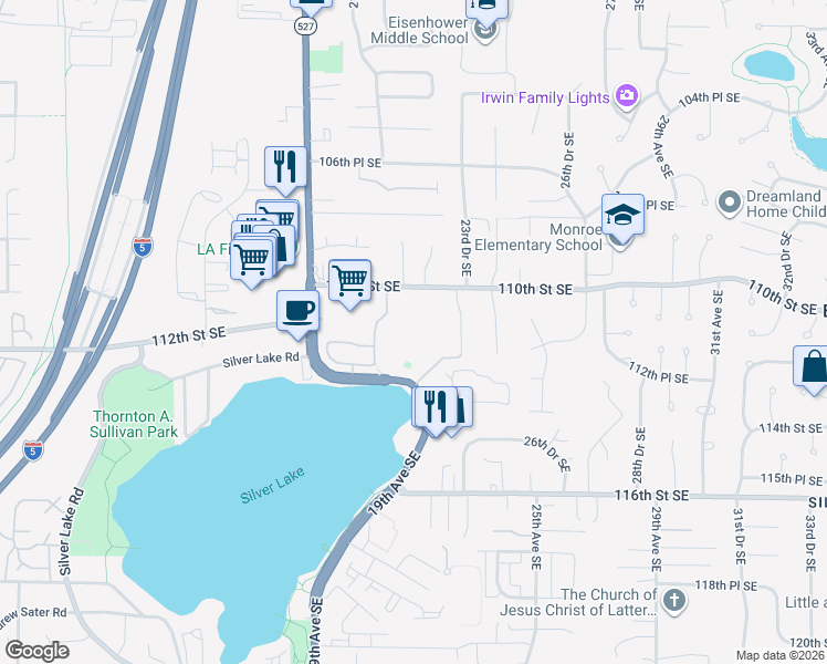 map of restaurants, bars, coffee shops, grocery stores, and more near 11225 19th Avenue Southeast in Everett