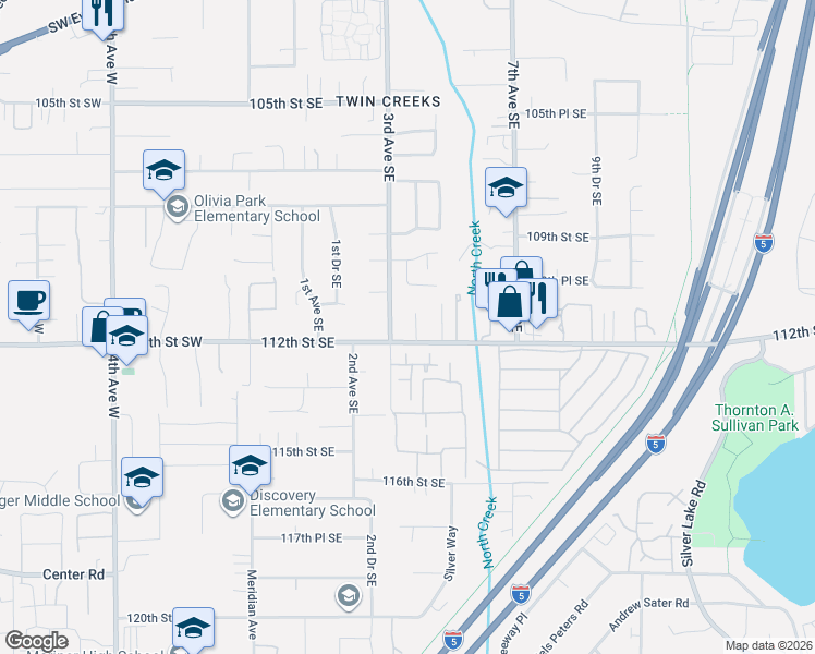 map of restaurants, bars, coffee shops, grocery stores, and more near 11120 3rd Place Southeast in Everett