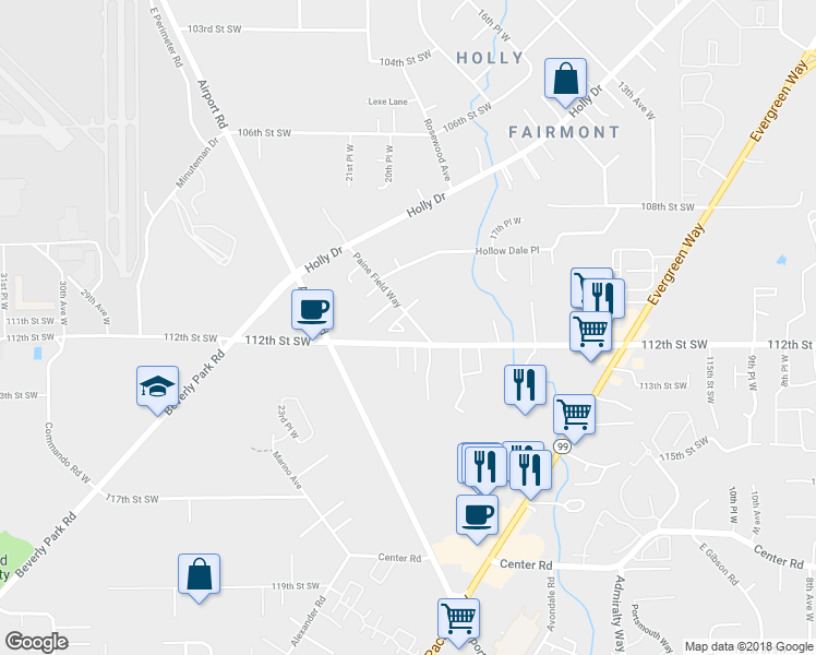 map of restaurants, bars, coffee shops, grocery stores, and more near 11142 Paine Field Way in Everett