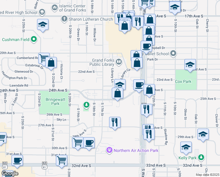 map of restaurants, bars, coffee shops, grocery stores, and more near 1630 24th Avenue South in Grand Forks