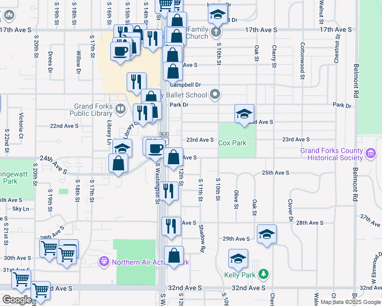 map of restaurants, bars, coffee shops, grocery stores, and more near 1107 24th Avenue South in Grand Forks