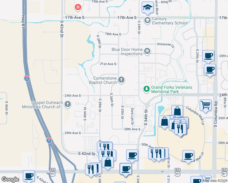 map of restaurants, bars, coffee shops, grocery stores, and more near 2402 S 36th St in Grand Forks