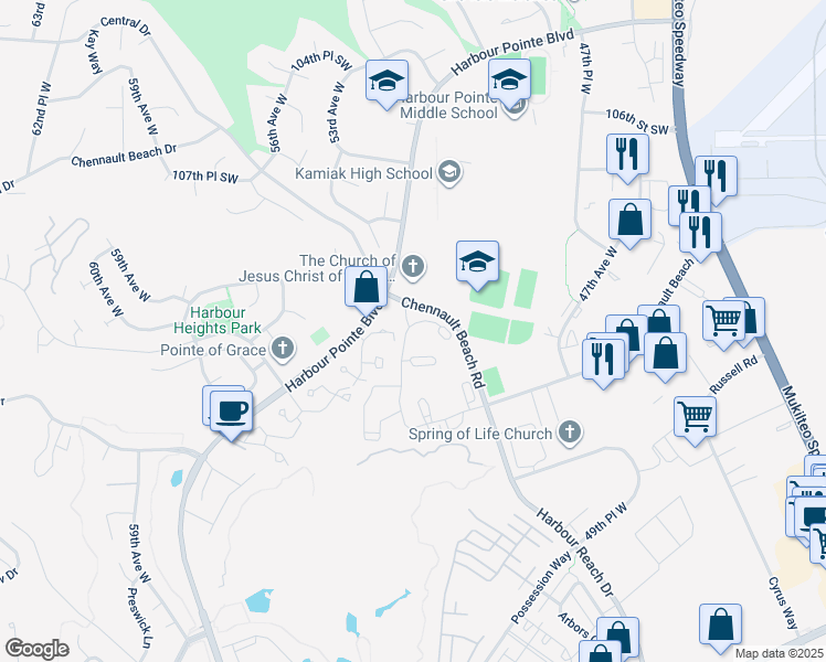 map of restaurants, bars, coffee shops, grocery stores, and more near 11108 Chennault Beach Road in Mukilteo