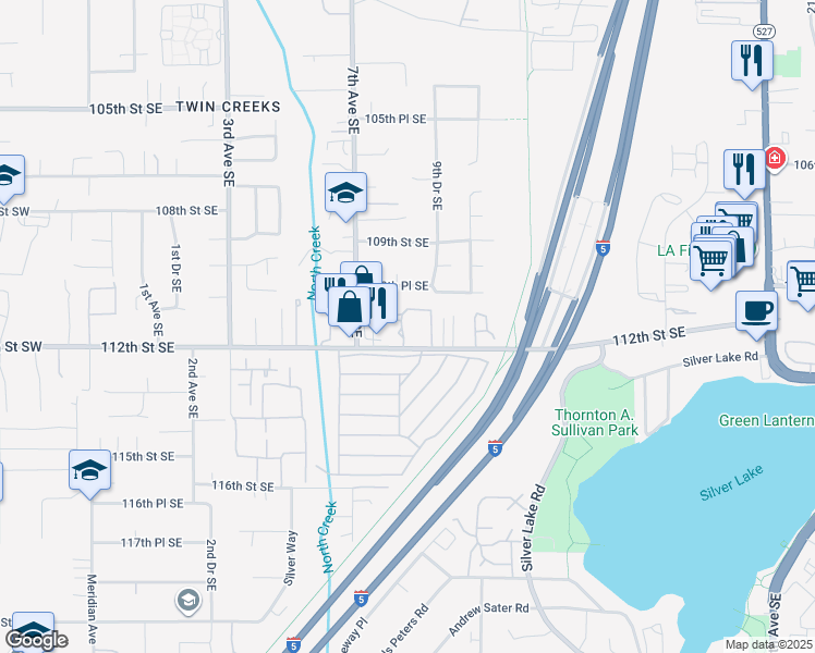 map of restaurants, bars, coffee shops, grocery stores, and more near 805 112th Street Southeast in Everett