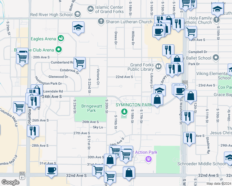 map of restaurants, bars, coffee shops, grocery stores, and more near 1922 24th Avenue South in Grand Forks