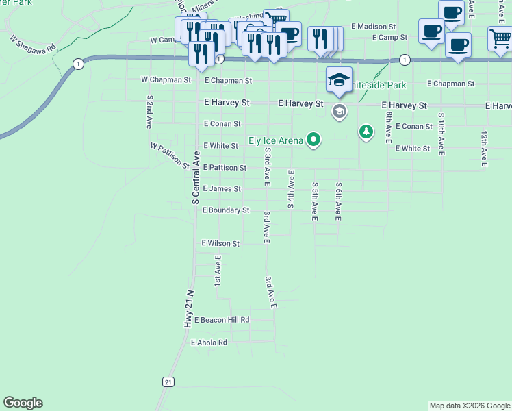 map of restaurants, bars, coffee shops, grocery stores, and more near 240 East Boundary Street in Ely