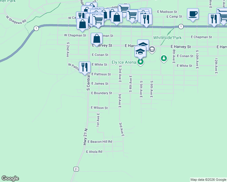 map of restaurants, bars, coffee shops, grocery stores, and more near 240 East Boundary Street in Ely