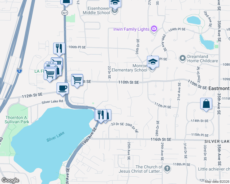 map of restaurants, bars, coffee shops, grocery stores, and more near 11127 23rd Drive Southeast in Everett