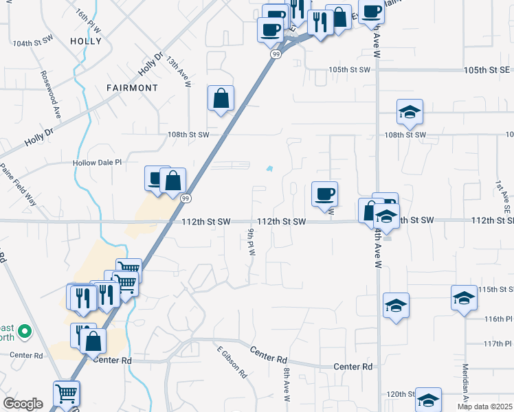 map of restaurants, bars, coffee shops, grocery stores, and more near 11208 9th Place West in Everett