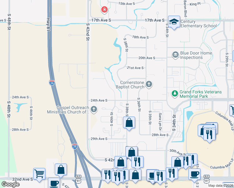 map of restaurants, bars, coffee shops, grocery stores, and more near 2404 South 40th Street in Grand Forks