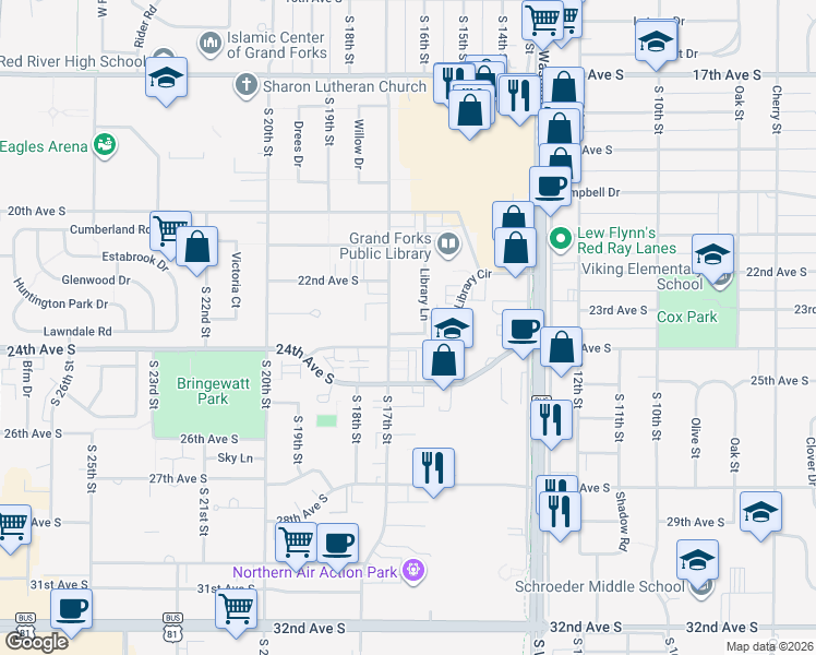map of restaurants, bars, coffee shops, grocery stores, and more near 2300 Library Lane in Grand Forks