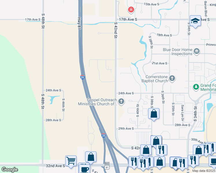 map of restaurants, bars, coffee shops, grocery stores, and more near 2463 S 42nd St in Grand Forks
