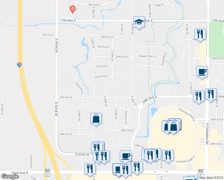 map of restaurants, bars, coffee shops, grocery stores, and more near 2336 Keystone Court in Grand Forks