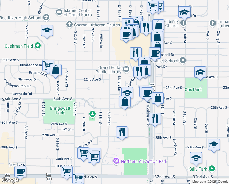 map of restaurants, bars, coffee shops, grocery stores, and more near 2323 South 17th Street in Grand Forks