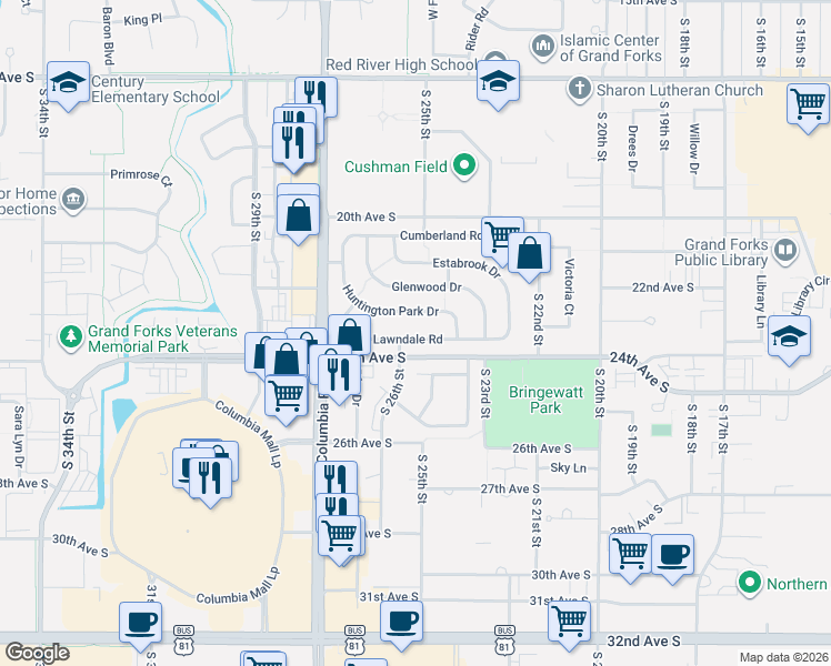 map of restaurants, bars, coffee shops, grocery stores, and more near 2518 Huntington Park Drive in Grand Forks