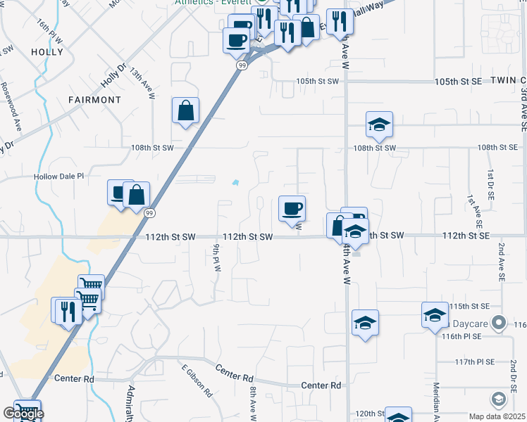 map of restaurants, bars, coffee shops, grocery stores, and more near 11009 7th Place West in Everett