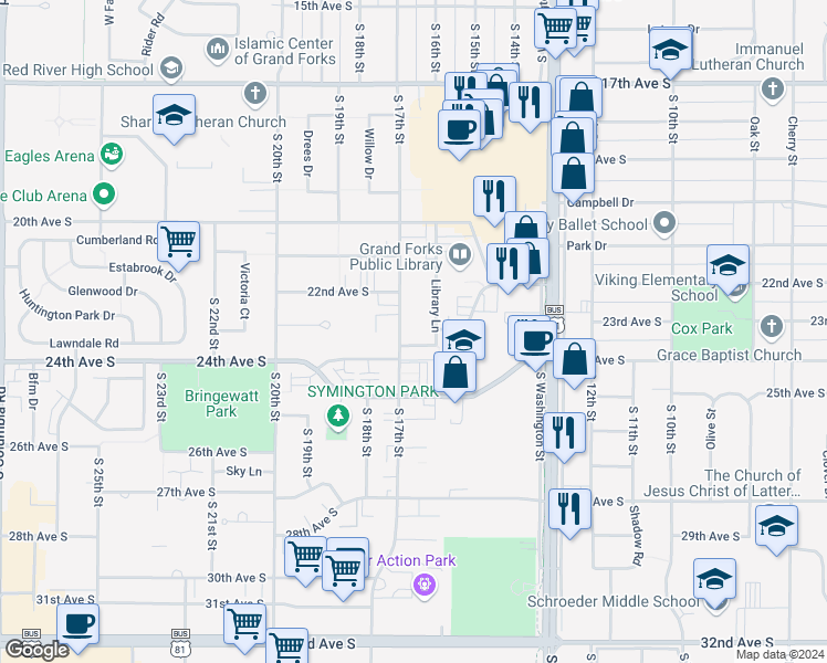 map of restaurants, bars, coffee shops, grocery stores, and more near 2300 Library Lane in Grand Forks