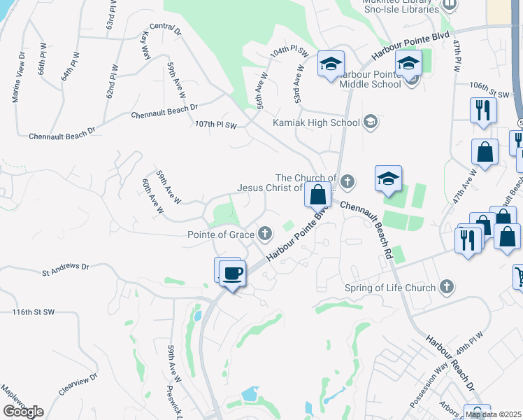 map of restaurants, bars, coffee shops, grocery stores, and more near 11030 55th Avenue West in Mukilteo