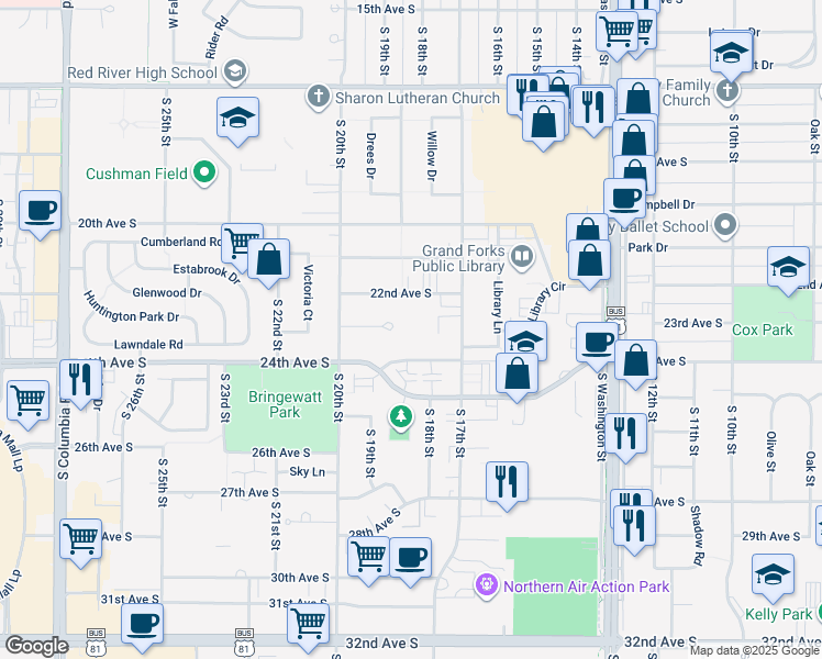 map of restaurants, bars, coffee shops, grocery stores, and more near 1802 Continental Drive in Grand Forks