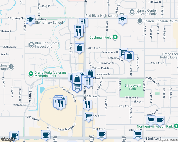 map of restaurants, bars, coffee shops, grocery stores, and more near 2565 Lawndale Road in Grand Forks
