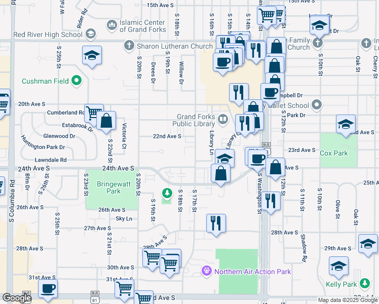 map of restaurants, bars, coffee shops, grocery stores, and more near 2222 South 17th Street in Grand Forks