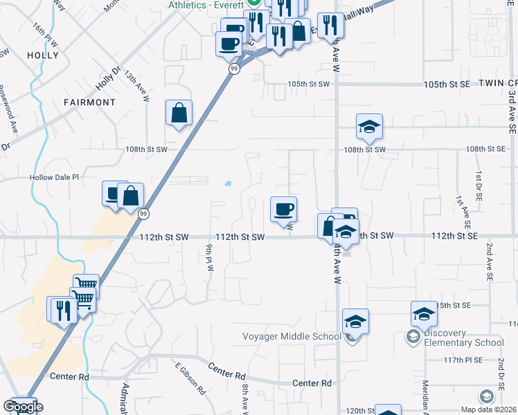 map of restaurants, bars, coffee shops, grocery stores, and more near 11009 7th Place West in Everett