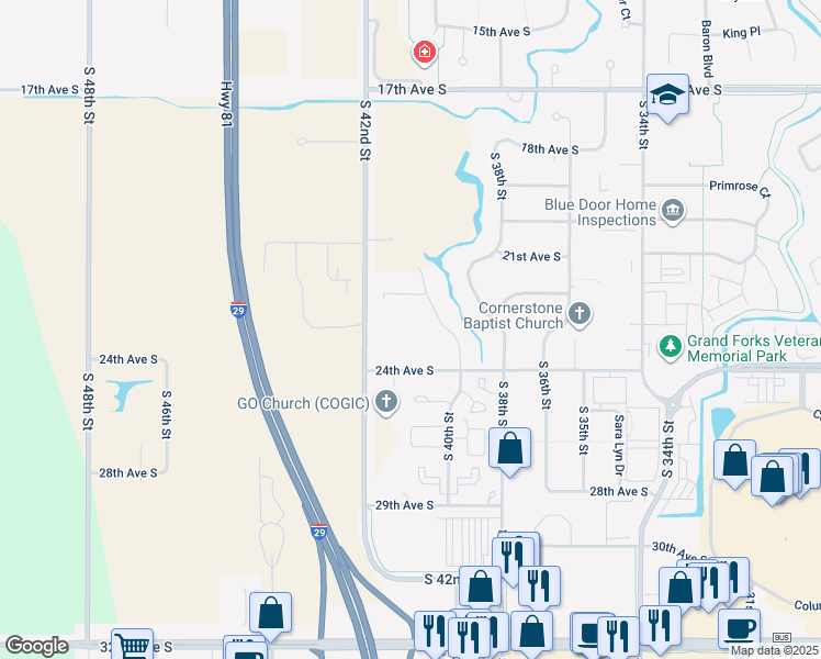 map of restaurants, bars, coffee shops, grocery stores, and more near 4000 24th Avenue South in Grand Forks