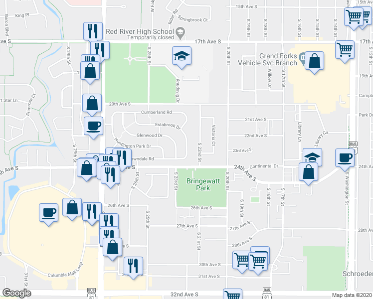 map of restaurants, bars, coffee shops, grocery stores, and more near 2419 Estabrook Drive in Grand Forks