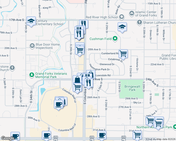 map of restaurants, bars, coffee shops, grocery stores, and more near 2565 Lawndale Road in Grand Forks